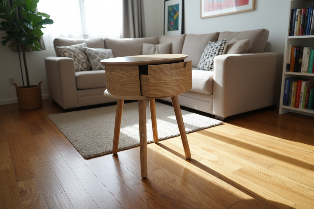 Rond nachtkastje met 1 lade – gebogen design (Ø45 x 50 cm)