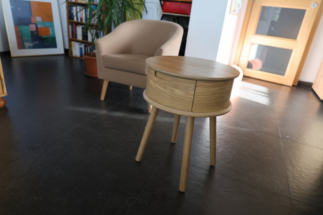 Rond nachtkastje met 1 lade – gebogen design (Ø45 x 50 cm)