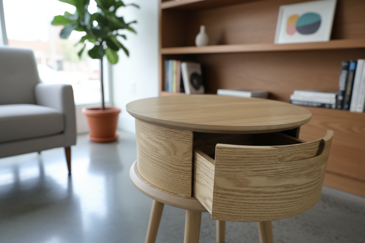 Rond nachtkastje met 1 lade – gebogen design (Ø45 x 50 cm)