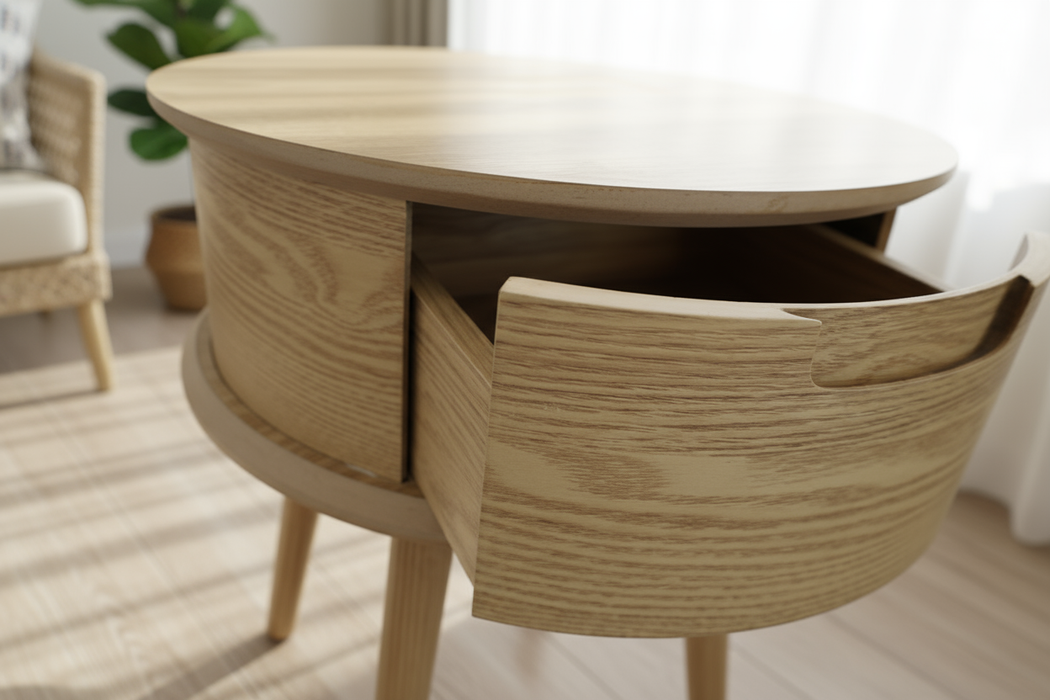 Rond nachtkastje met 1 lade – gebogen design (Ø45 x 50 cm)