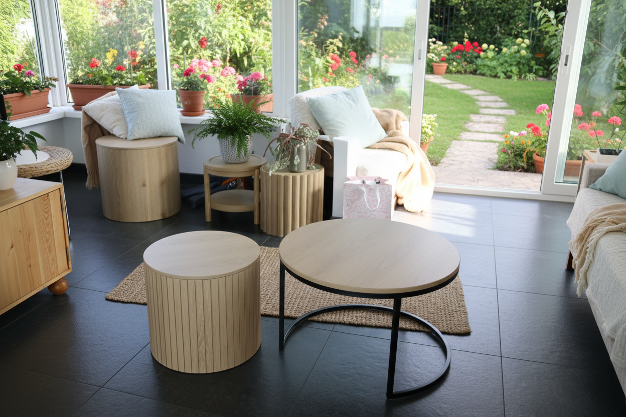 Rundes Couchtisch-Set zum Ineinanderstecken – 2-teilig mit Metallrahmen (Ø60 x 40 cm)