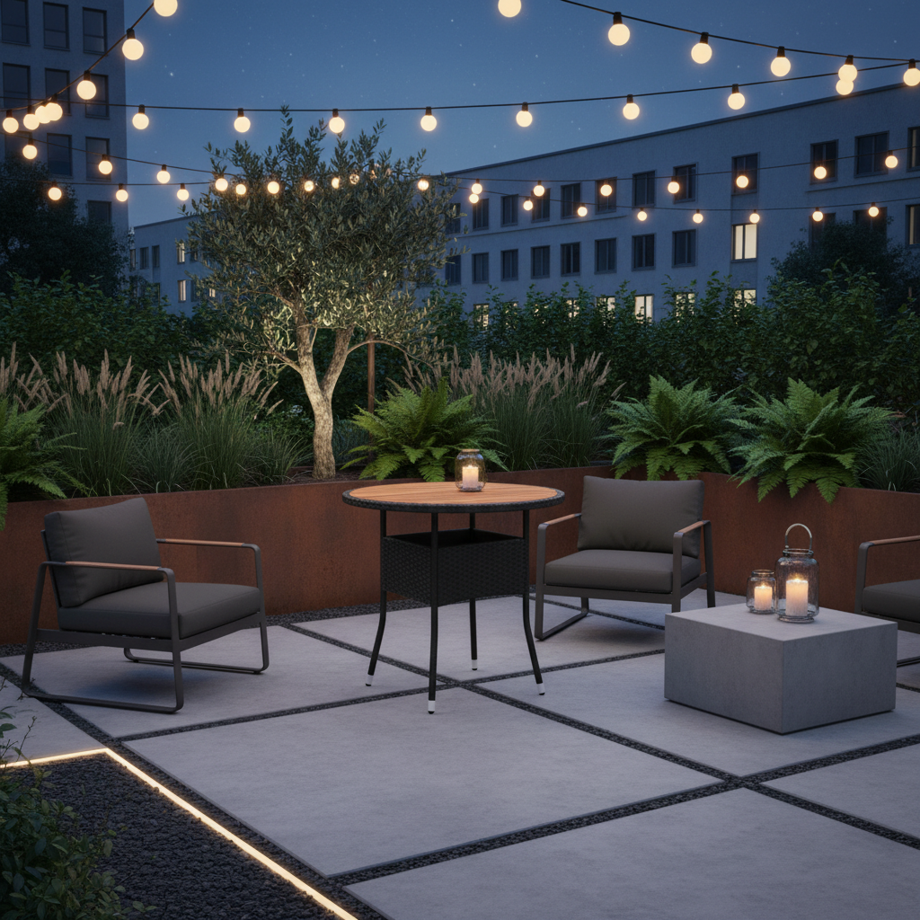 Ronde rotan tafel in stadstuin