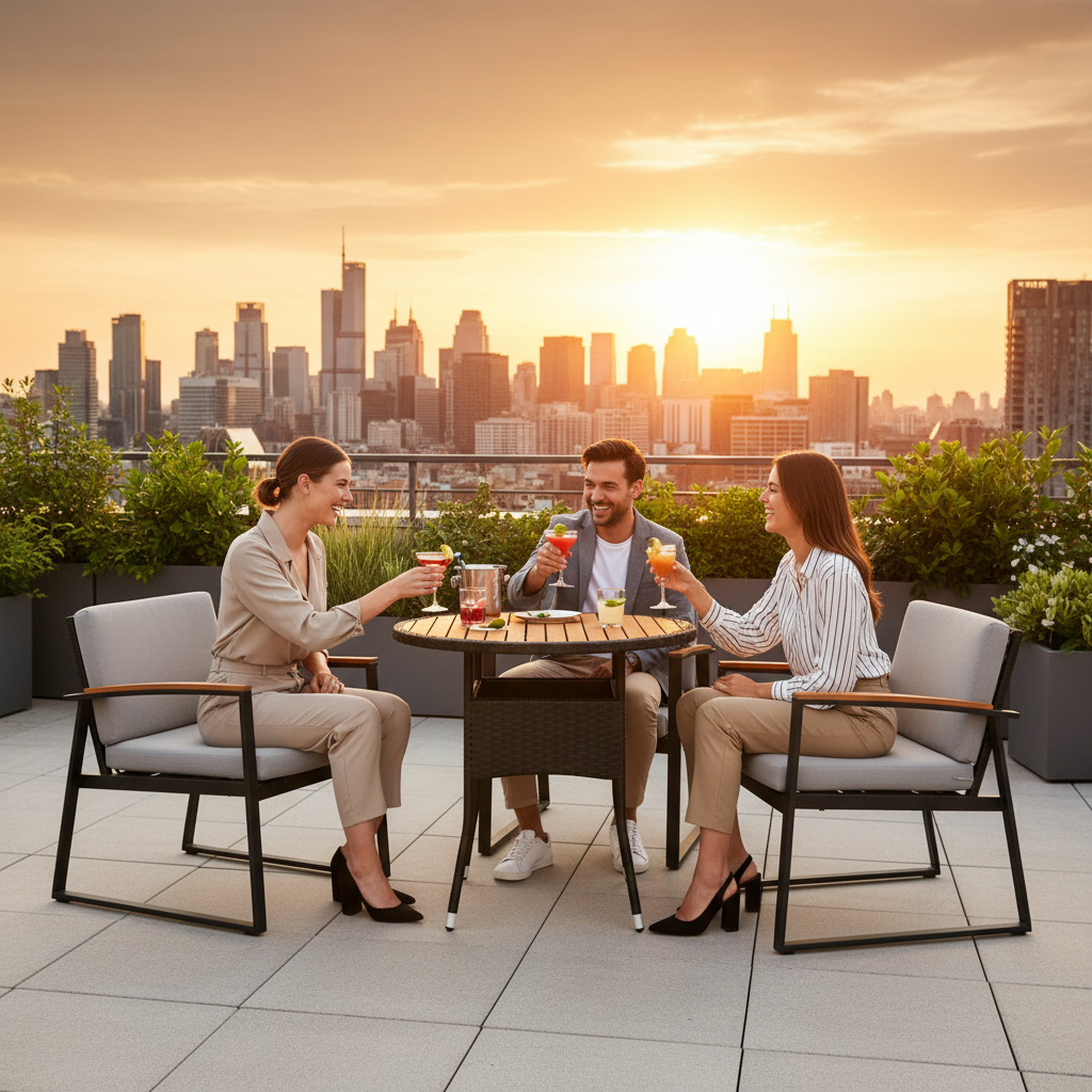 Ronde rotan tafel op rooftop
