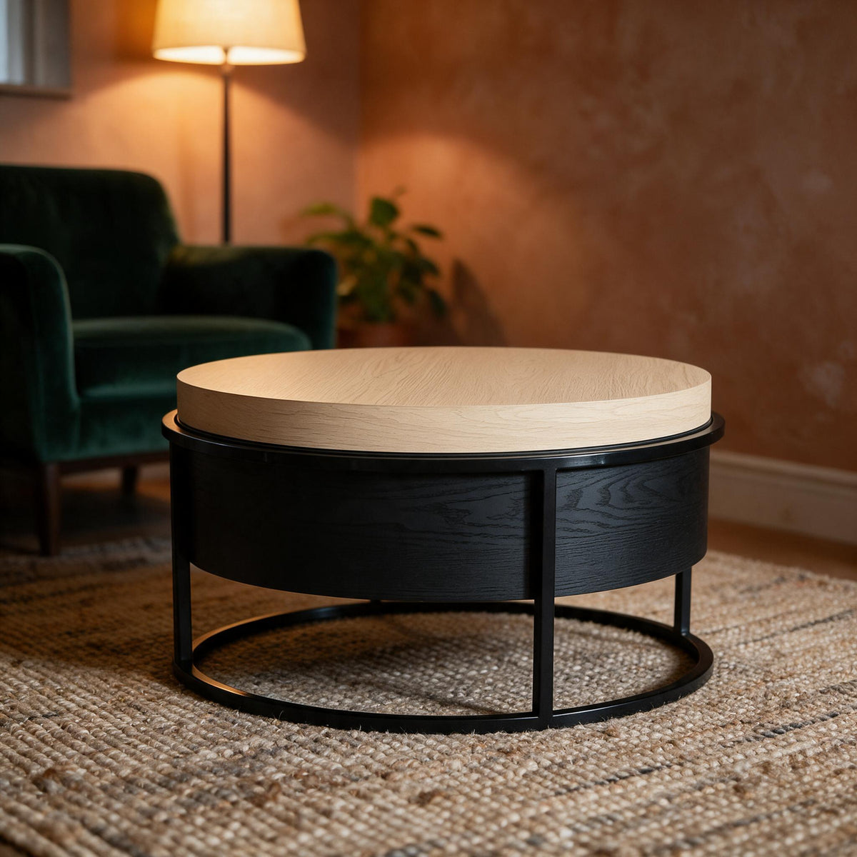 Ronde salontafel, licht eikenlook blad op zwart metalen frame, in een warme woonkamer met groene fauteuil