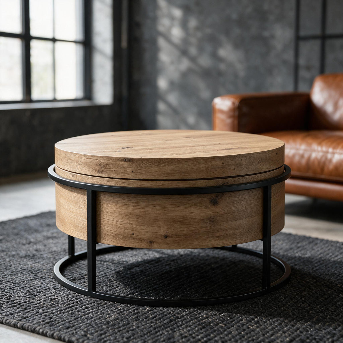 Ronde salontafel in rustiek eikenlook met noesten op zwart metalen frame, in een industriële woonkamer met leren zetel