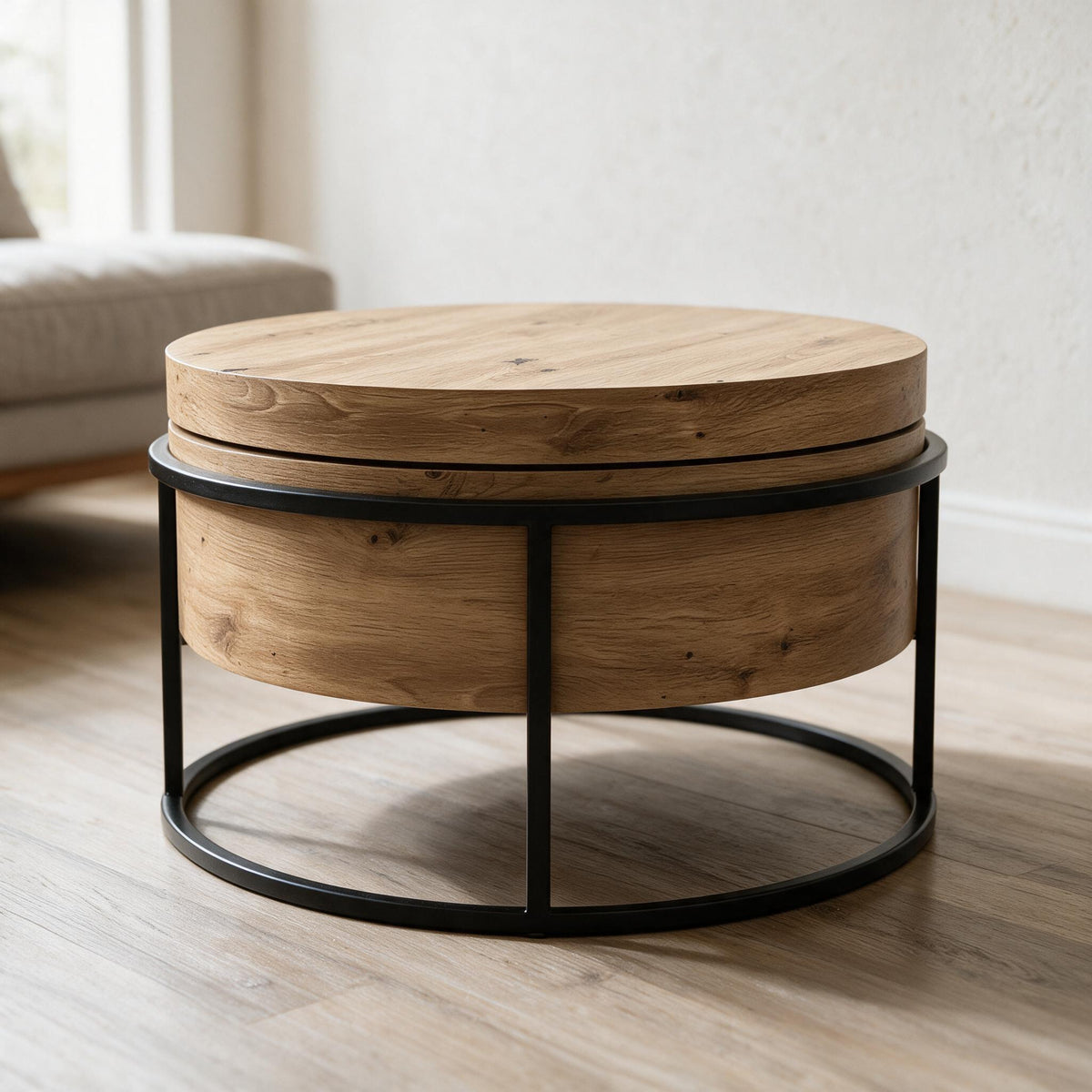 Ronde salontafel in rustiek eikenlook met noesten op zwart metalen frame, in een lichte woonkamer