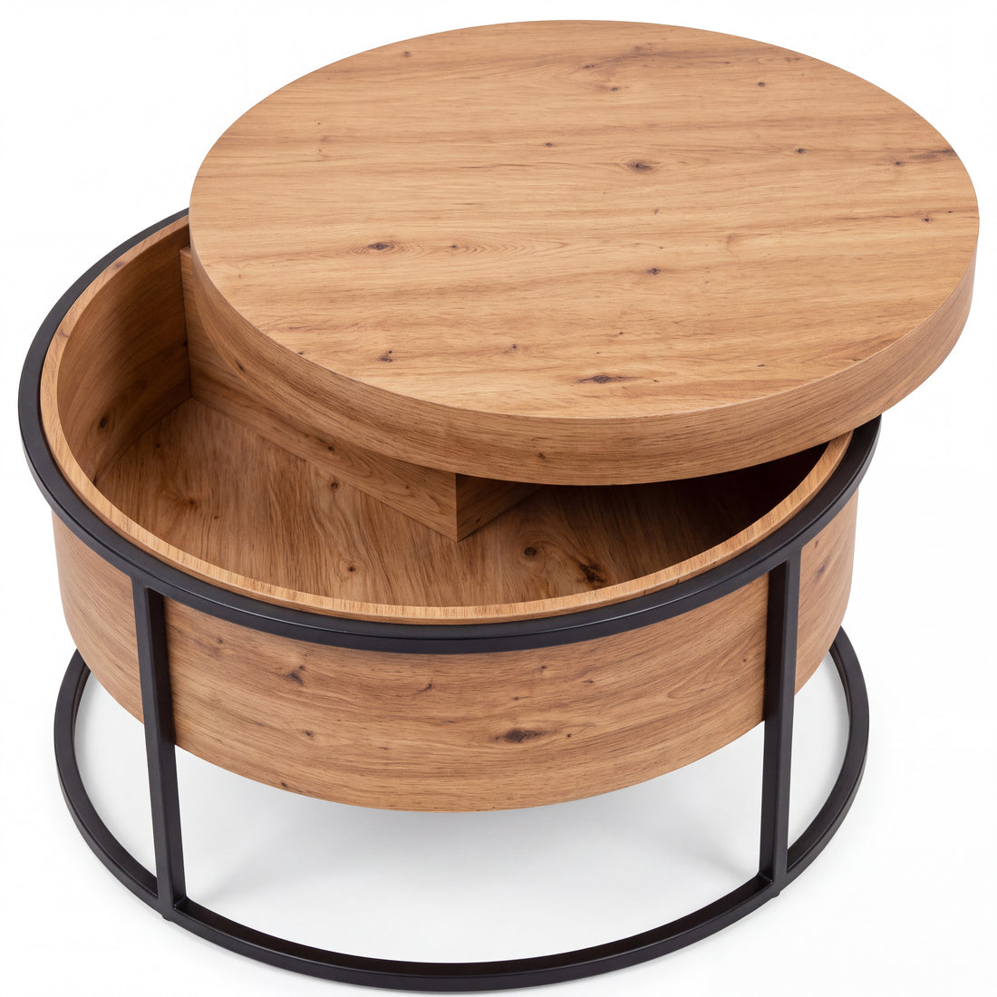 Ronde salontafel in rustiek eikenlook met trommel in eikenlook, blad opzij gedraaid zodat de opbergruimte zichtbaar is