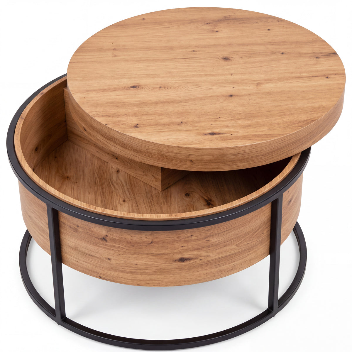 Ronde salontafel in rustiek eikenlook met trommel in eikenlook, blad opzij gedraaid zodat de opbergruimte zichtbaar is