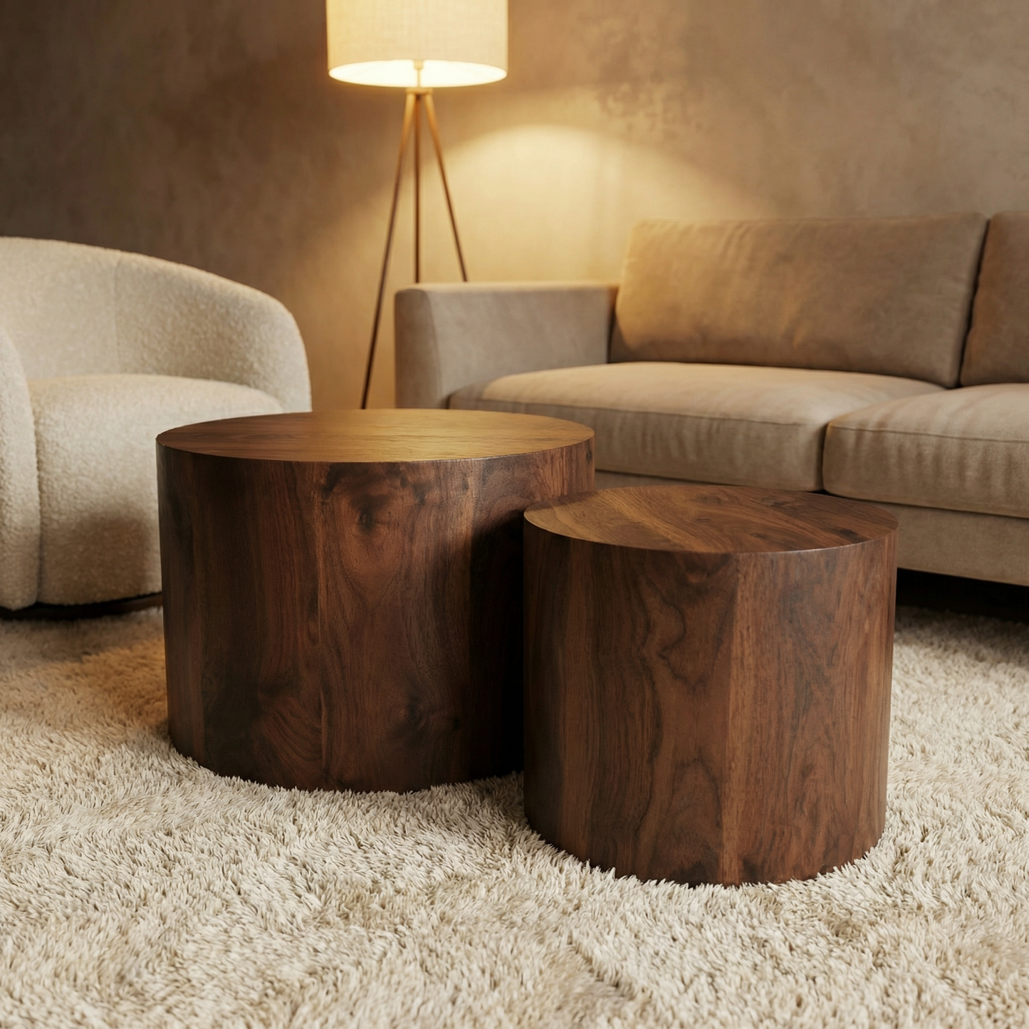 Round Wooden Coffee Table Set of 2