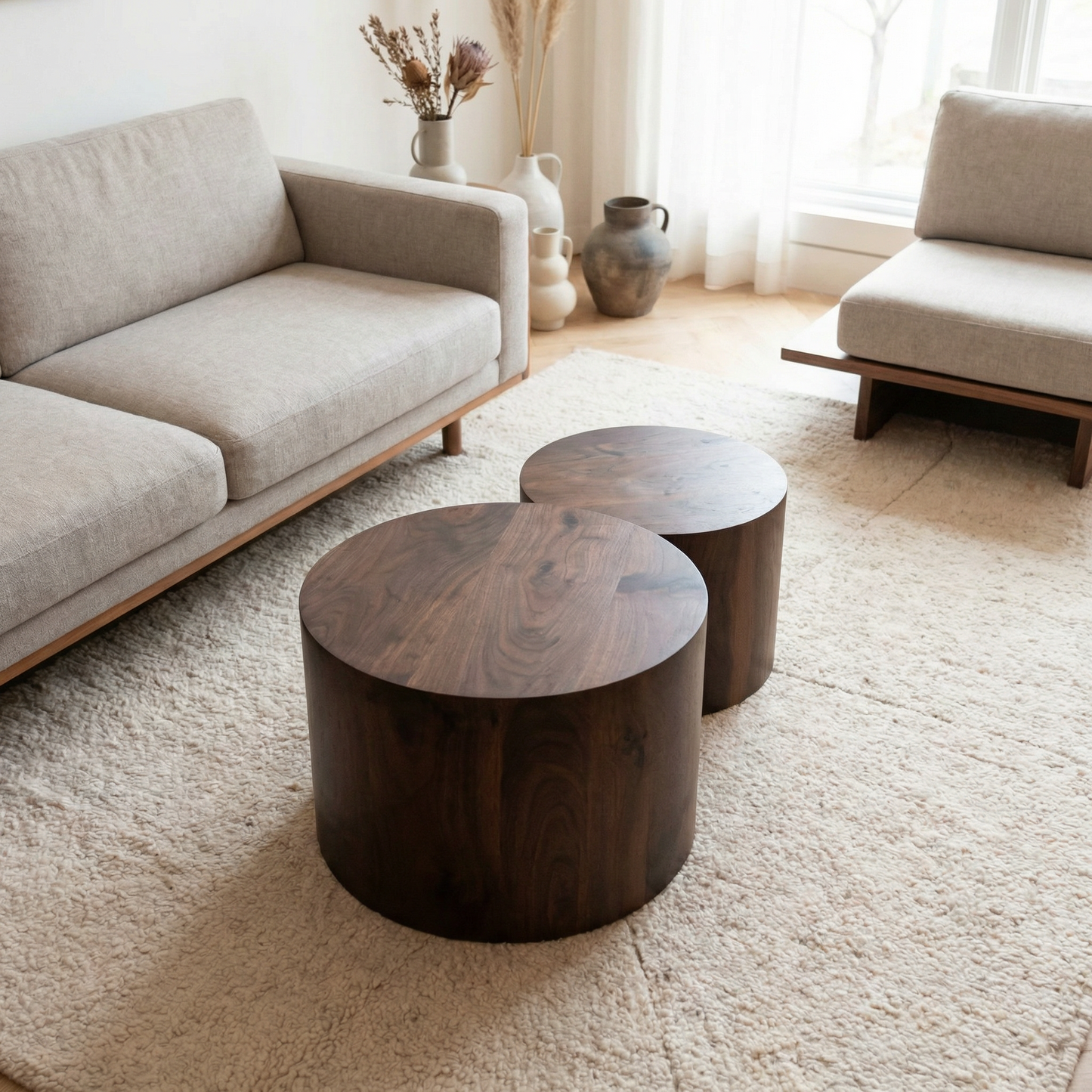 Round Wooden Coffee Table Set of 2