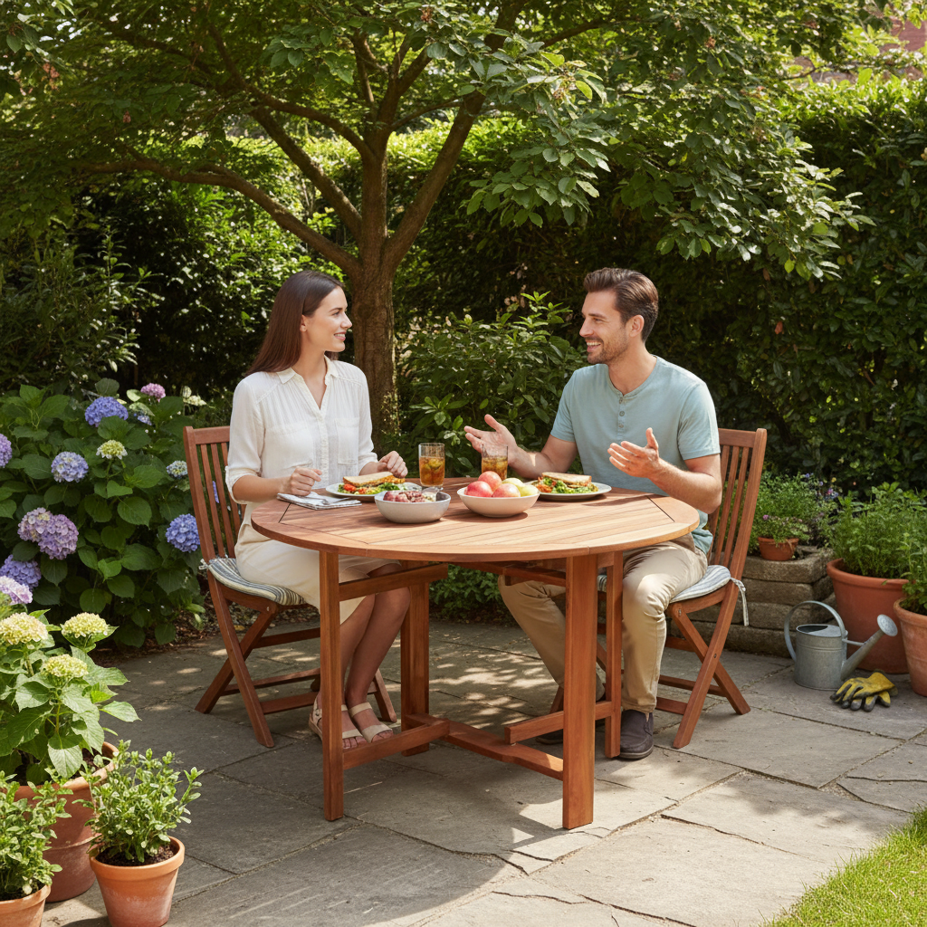Ronde tuintafel met mensen aan lunch