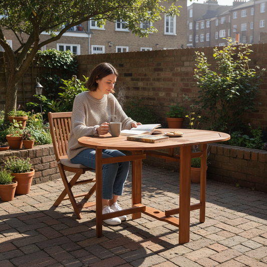 Ronde tuintafel met persoon aan koffie