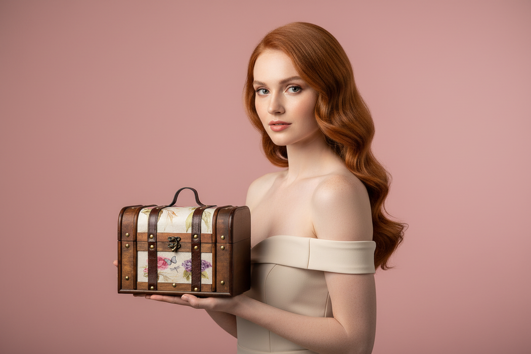 Roodharig model - roze achtergrond