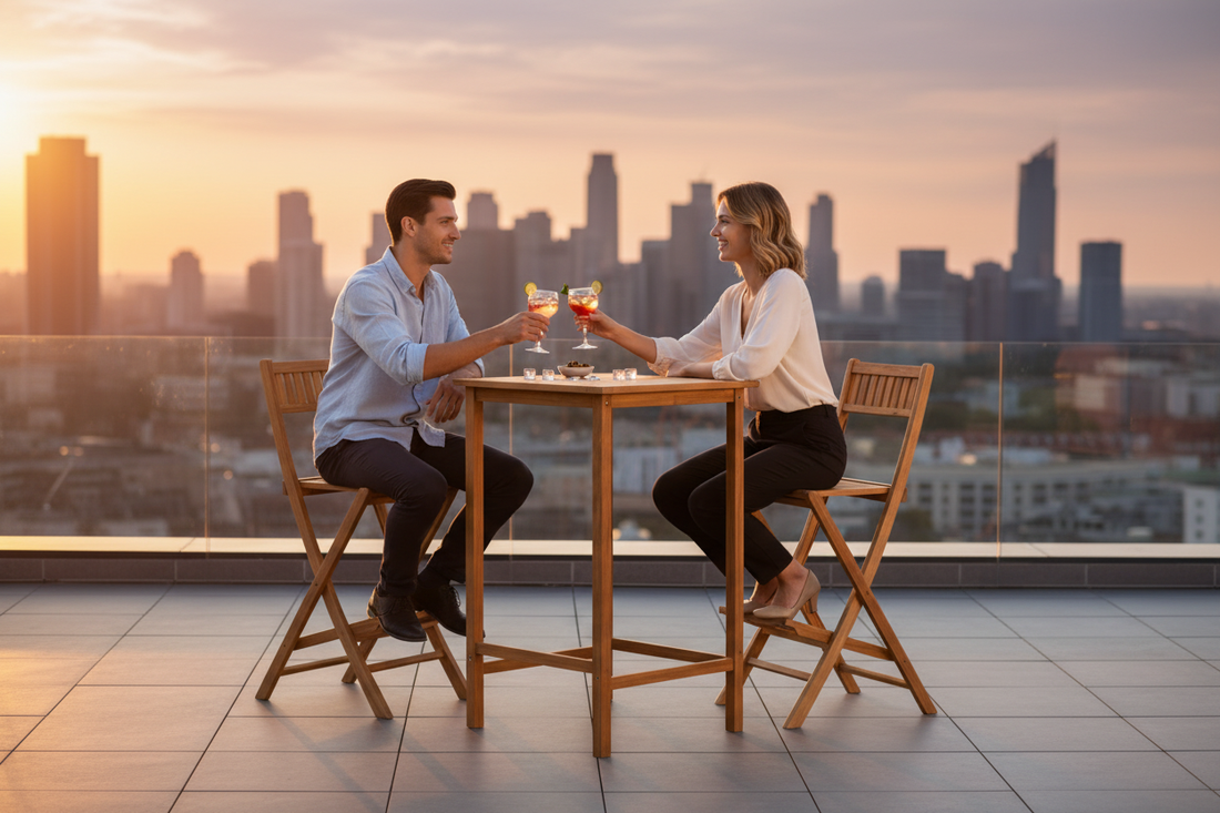 Rooftop bar set with young professionals