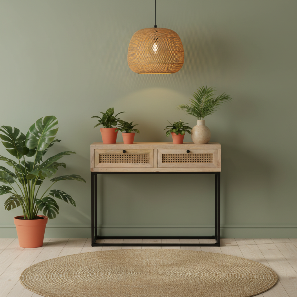 Rotan sidetable in tropisch interieur