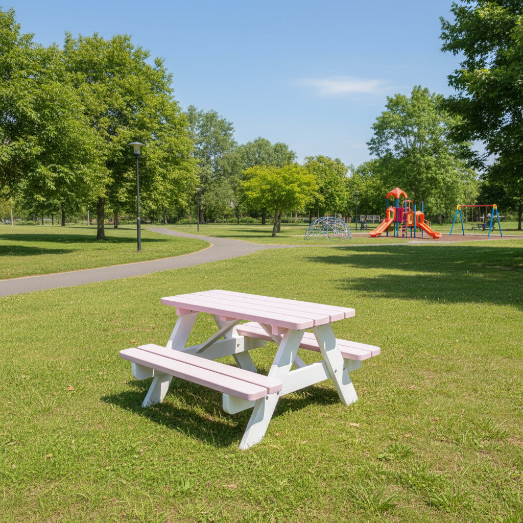 Roze-Witte Kinderpicknicktafel KING (90 cm.)