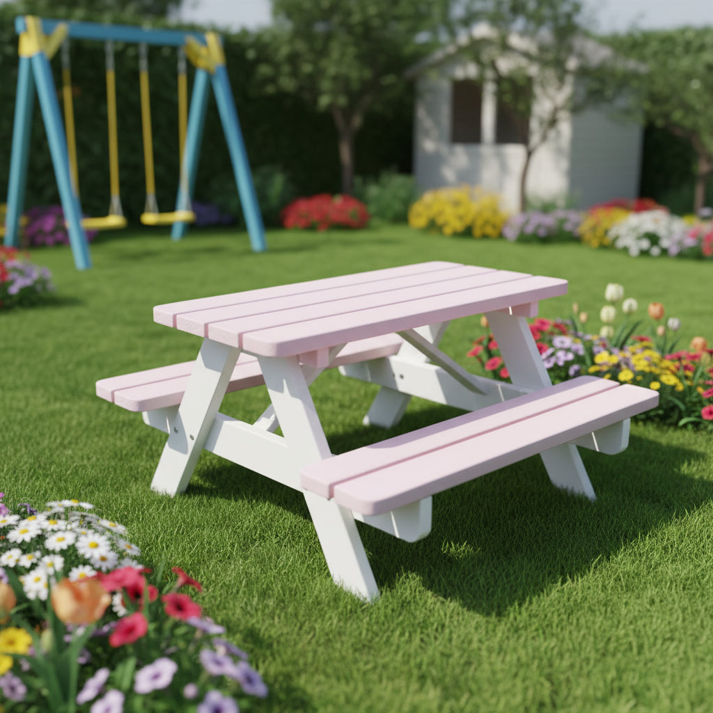 Roze-Witte Kinderpicknicktafel KING (90 cm.)
