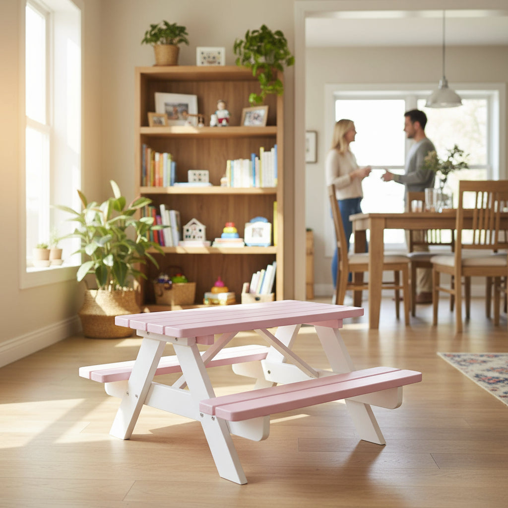 Roze-Witte Kinderpicknicktafel KING (90 cm.)