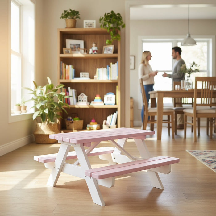 Roze-Witte Kinderpicknicktafel KING (90 cm.)