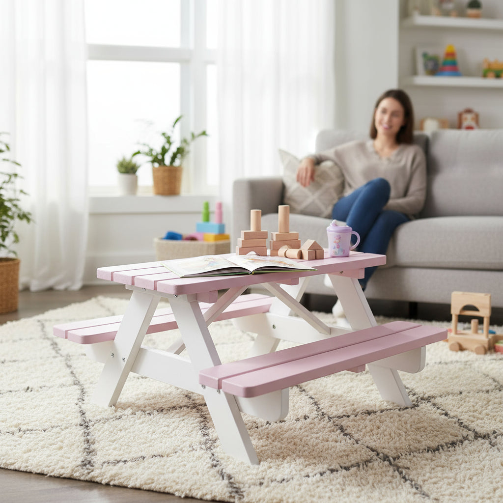 Roze-Witte Kinderpicknicktafel KING (90 cm.)