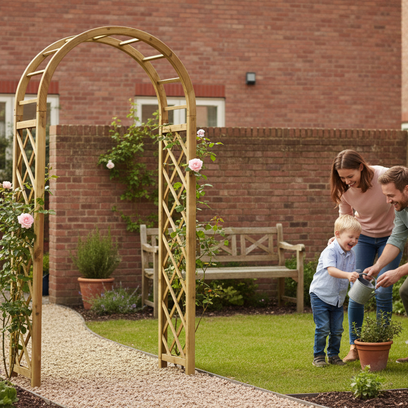 Rozenboog in bescheiden tuin