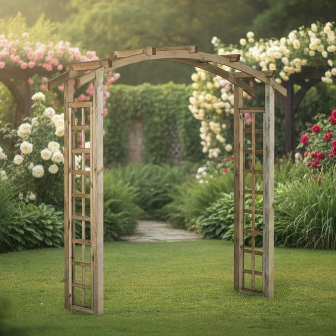 Rozenboog in cottage tuin