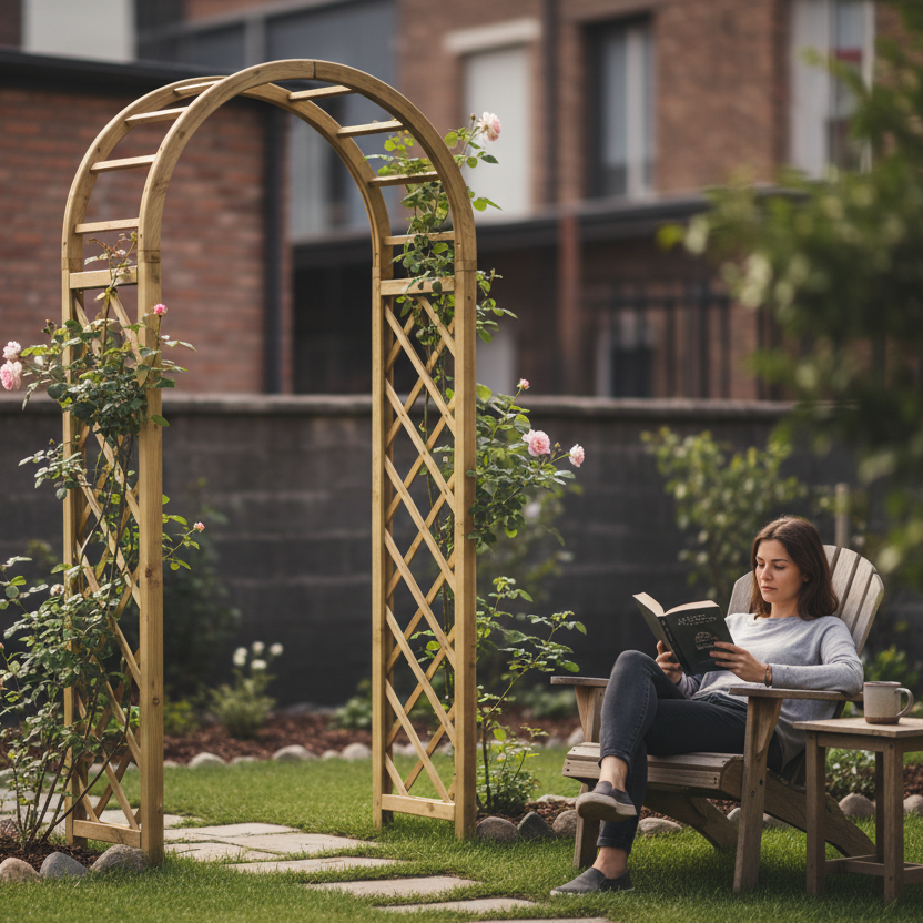 Ronde rozenboog Woodvision in een achtertuin