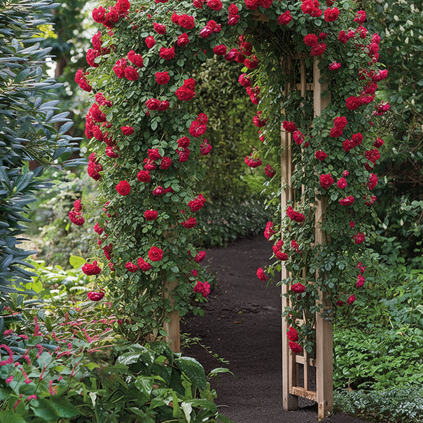 Rozenboog in kleine privé tuin met rode rozen