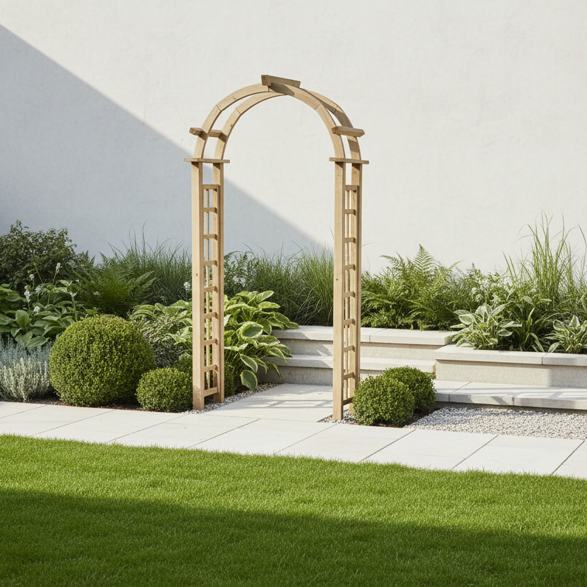 Rozenboog in minimalistische tuin 1