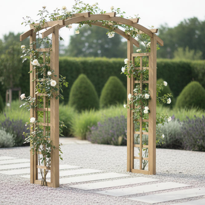 Rozenboog 120 x 54 x 215 cm in een moderne tuin
