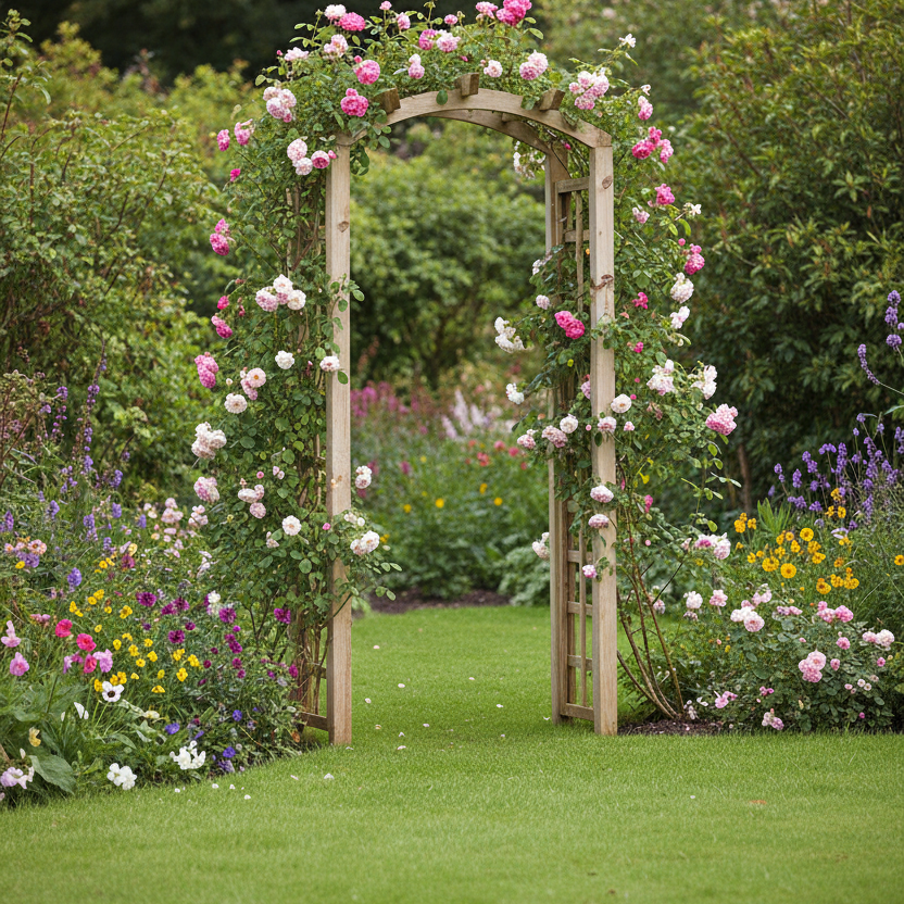 Rozenboog in simpele tuin