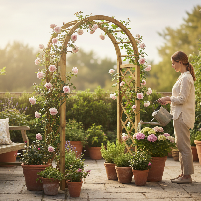 Rozenboog op compact terras