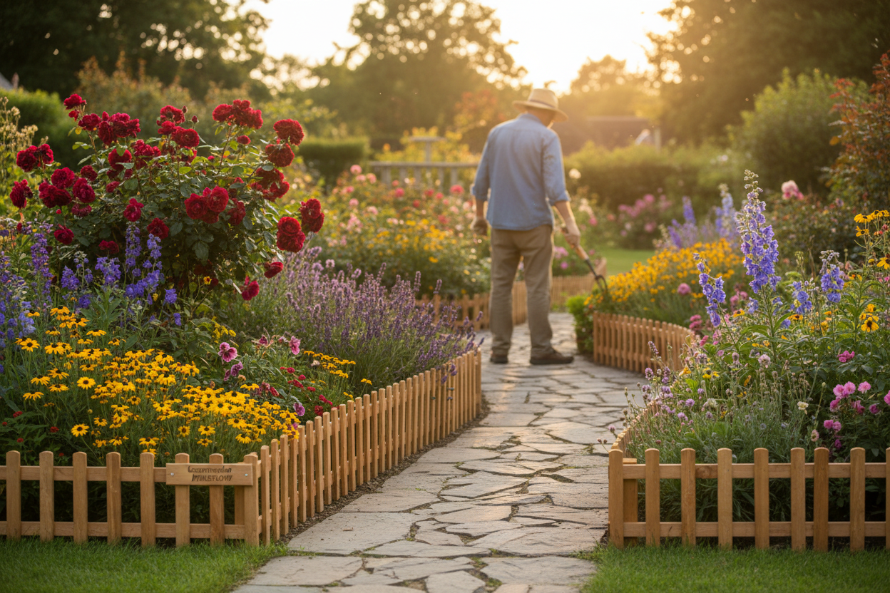Rustic cottage garden with person gardening