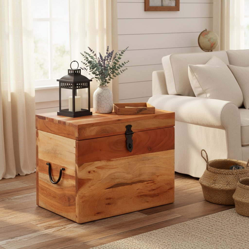 Rustieke houten opbergkist gesloten in farmhouse woonkamer