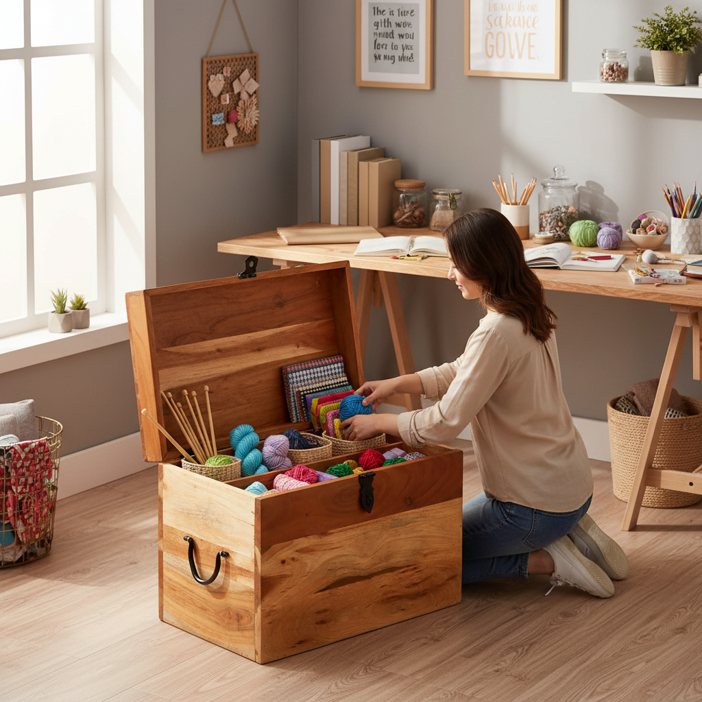 Rustieke houten opbergkist open met handwerkspullen in craft room