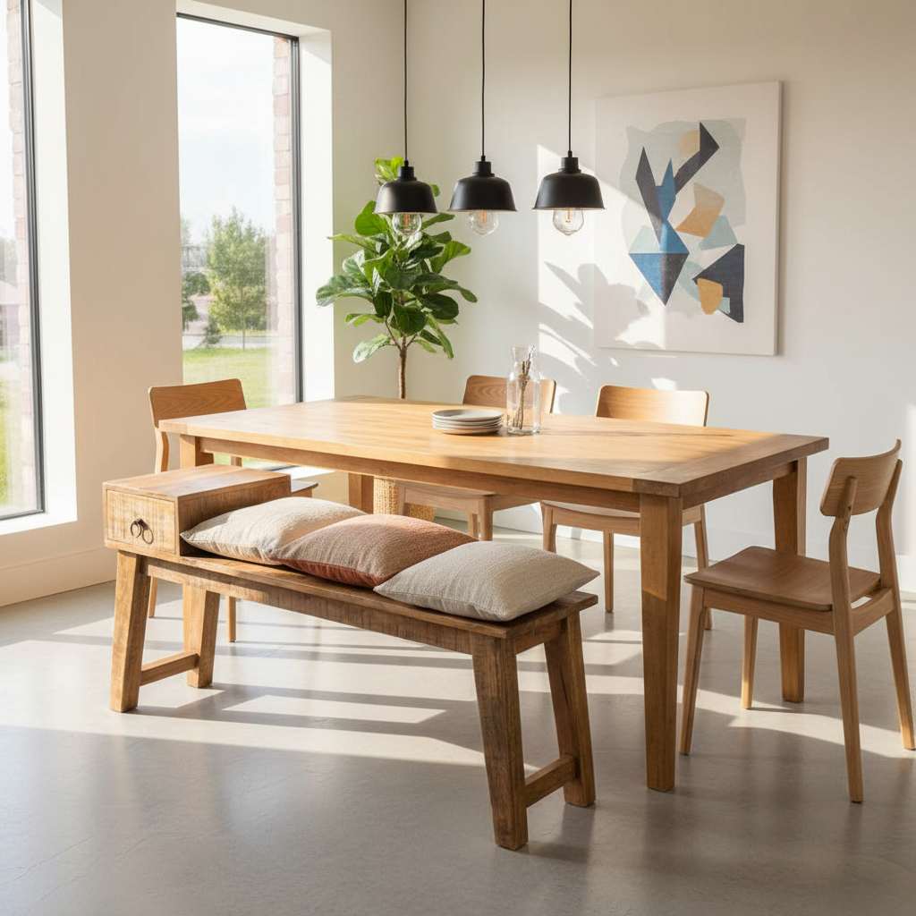 Rustieke mangohout bank met lade als extra zitplaats in moderne eetkamer