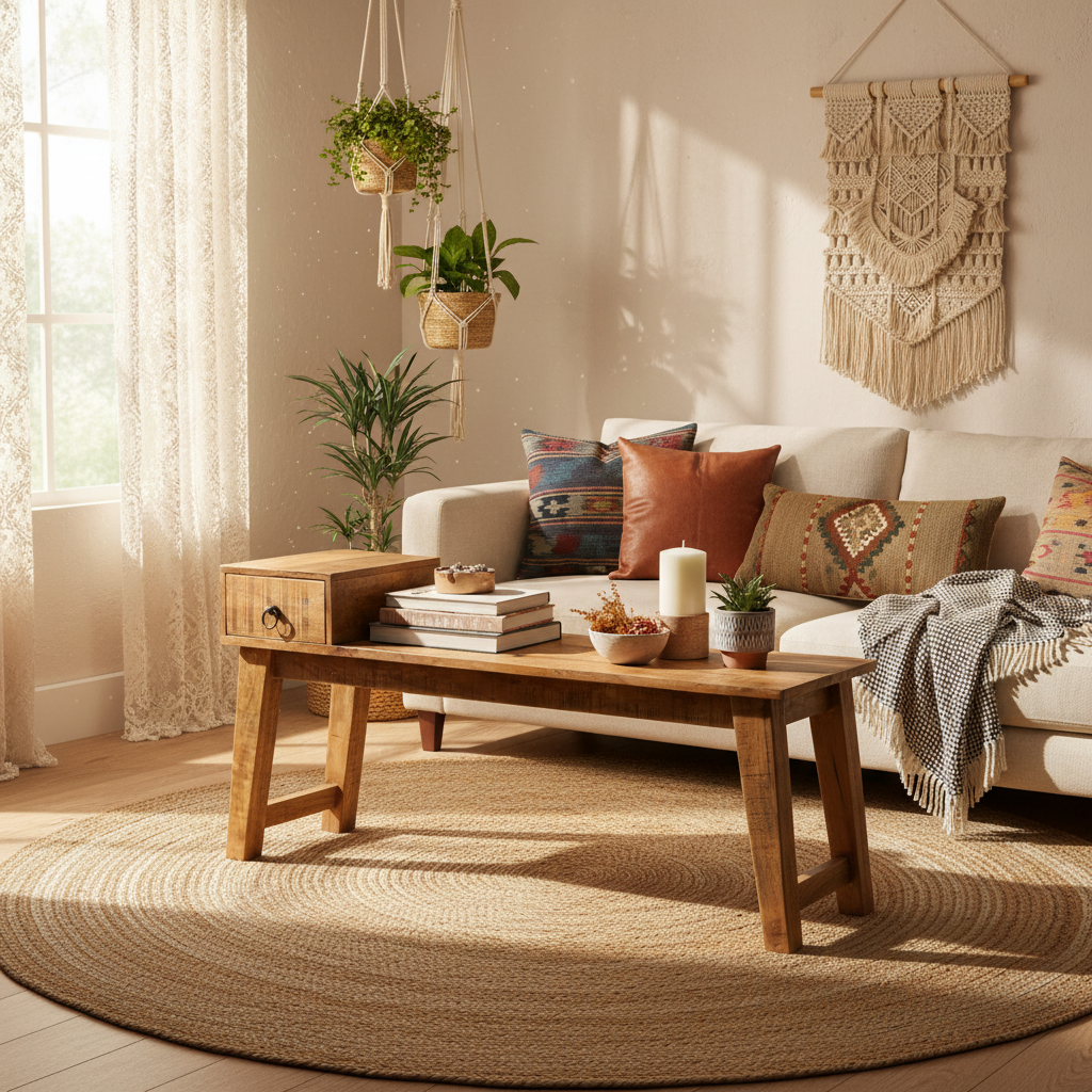 Rustieke mangohout bank met lade als salontafel in bohemian woonkamer