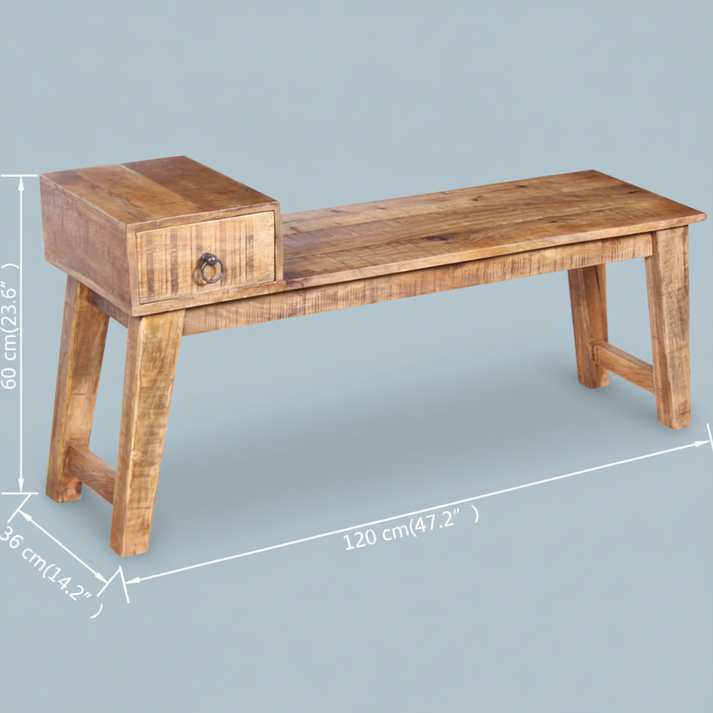 Rustieke mangohout bank met lade en afmetingen op lichtblauw-grijze achtergrond