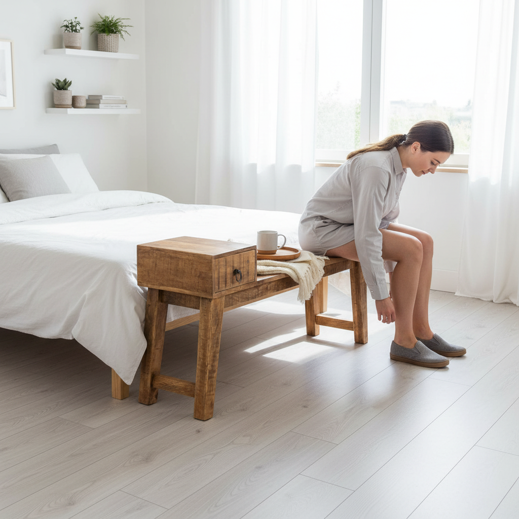 Rustieke mangohout bank met lade in gebruik in Scandinavische slaapkamer