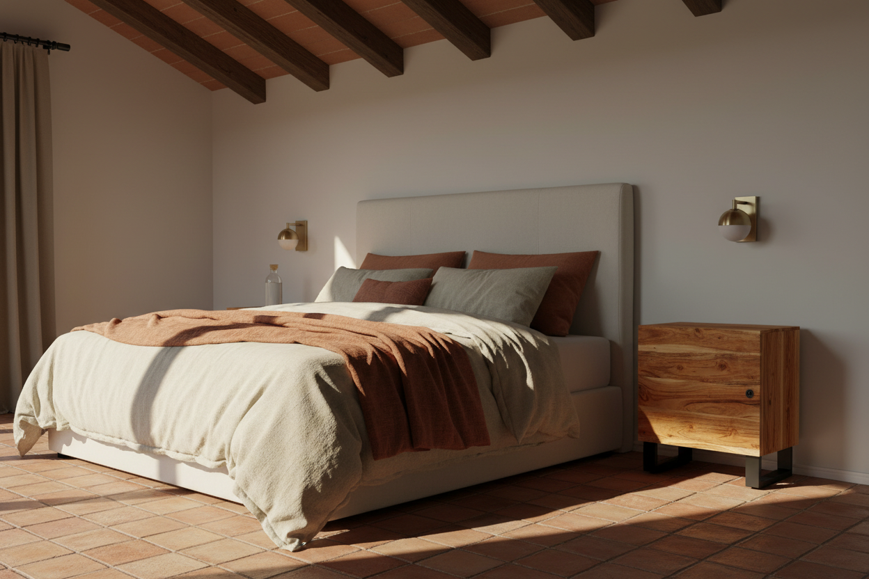 Rustieke mediterrane slaapkamer met acaciahout nachtkastje