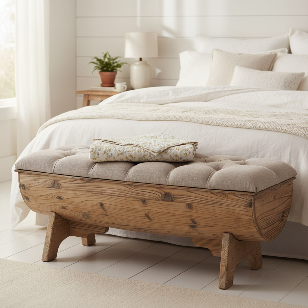 Rustieke opbergbank in cottage slaapkamer
