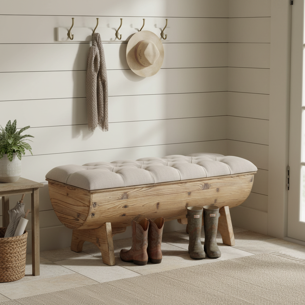 Rustieke opbergbank in farmhouse entree