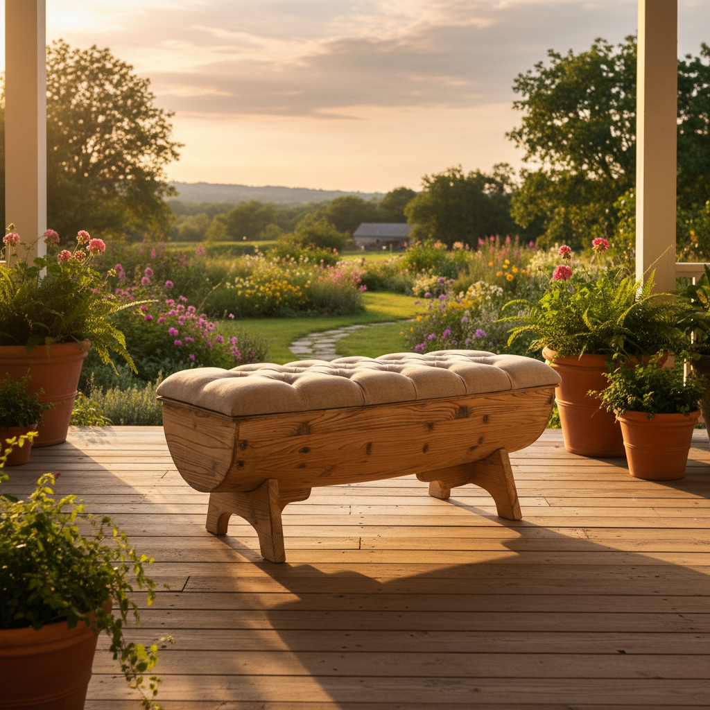 Rustieke opbergbank op veranda