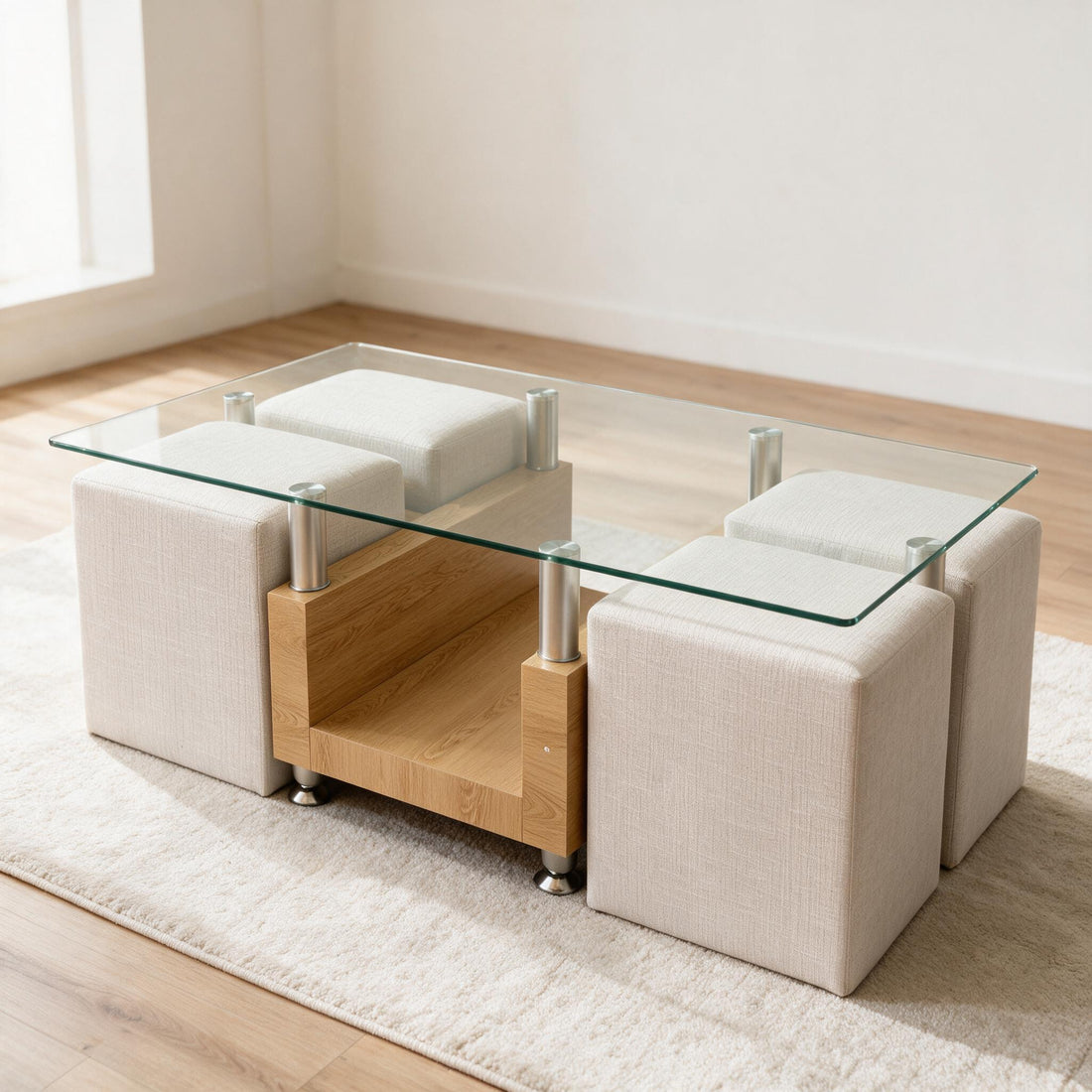 Salontafel met glasblad, onderstel in eikenlook en vier beige poefs onder het blad, in een lichte kamer