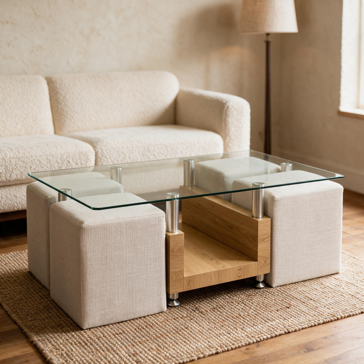 Salontafel met glasblad, onderstel in eikenlook en vier beige poefs, in een warme woonkamer