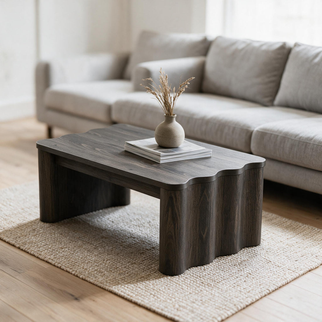Donkere salontafel met golvend blad, gestyled met vaas en tijdschriften