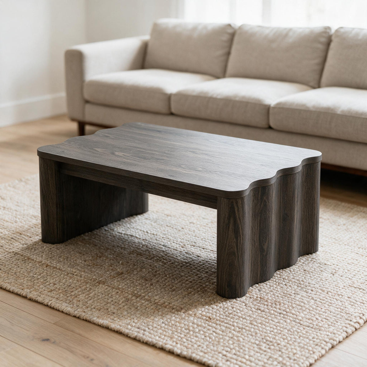 Donkere salontafel met golvend blad voor een beige zetel in een lichte woonkamer
