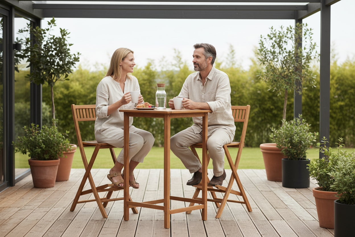 Scandinavian patio with couple having breakfast