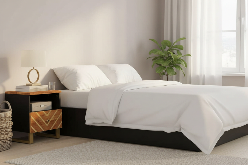 Scandinavische slaapkamer met nachtkastje