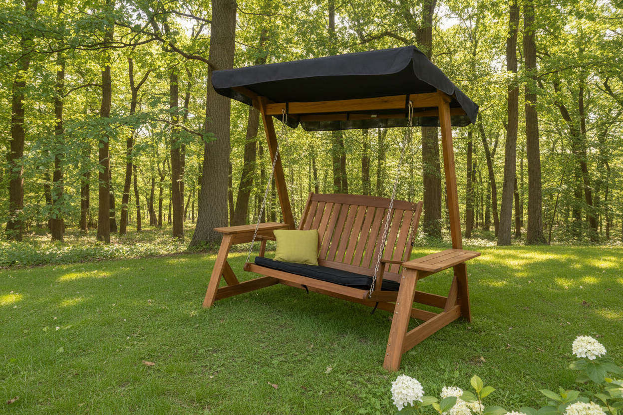 Schommelbank met bos achtergrond